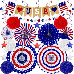 26 PCS 4th of July Decorations, 250th Memorial Day Red White Blue Paper Fans …