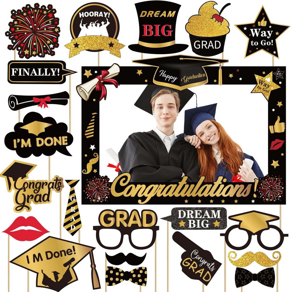 2026 Graduation Photo Booth Props, Black Gold Graduation Photo Prop Frame & G…