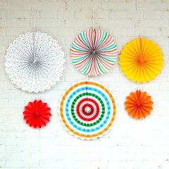 Multicoloured Hanging Paper Fan Decorations 6pk