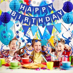 FECEDY Navy Blue Happy Birthday Paper Banner Flag Bunting Circle Confetti
