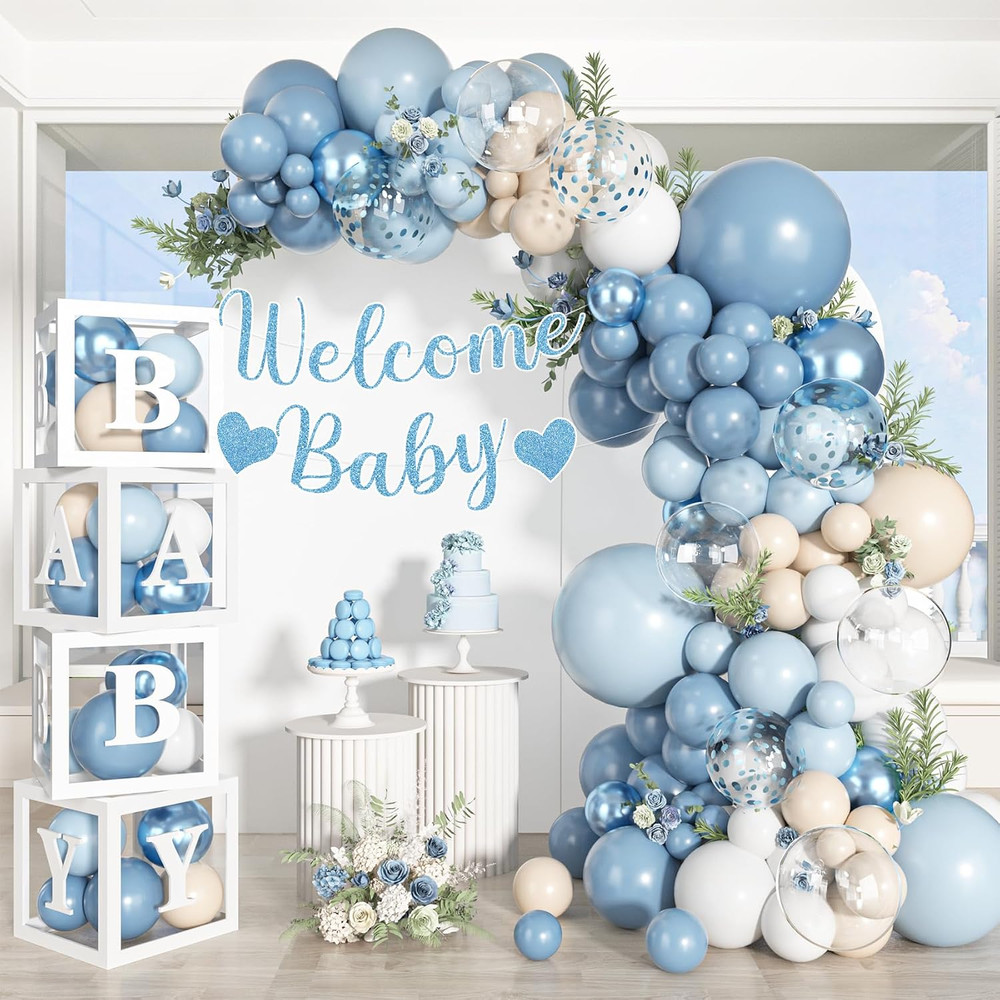 153Pcs Dusty Blue Balloon Baby Shower Decorations for Boy | Blue White Sand Ball