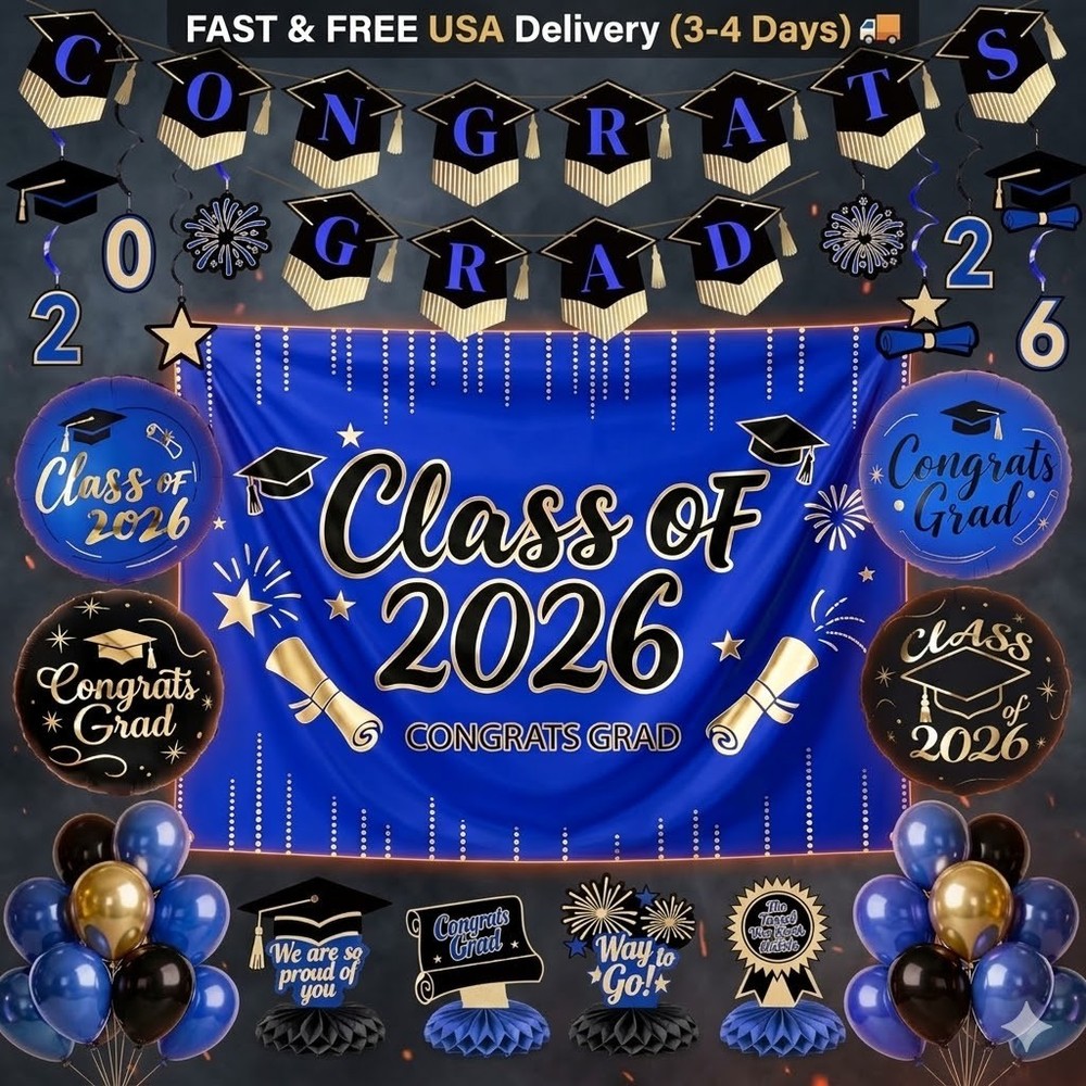 Class of 2026 Graduation 40pcs Party Decorations – Blue and Black Theme Set