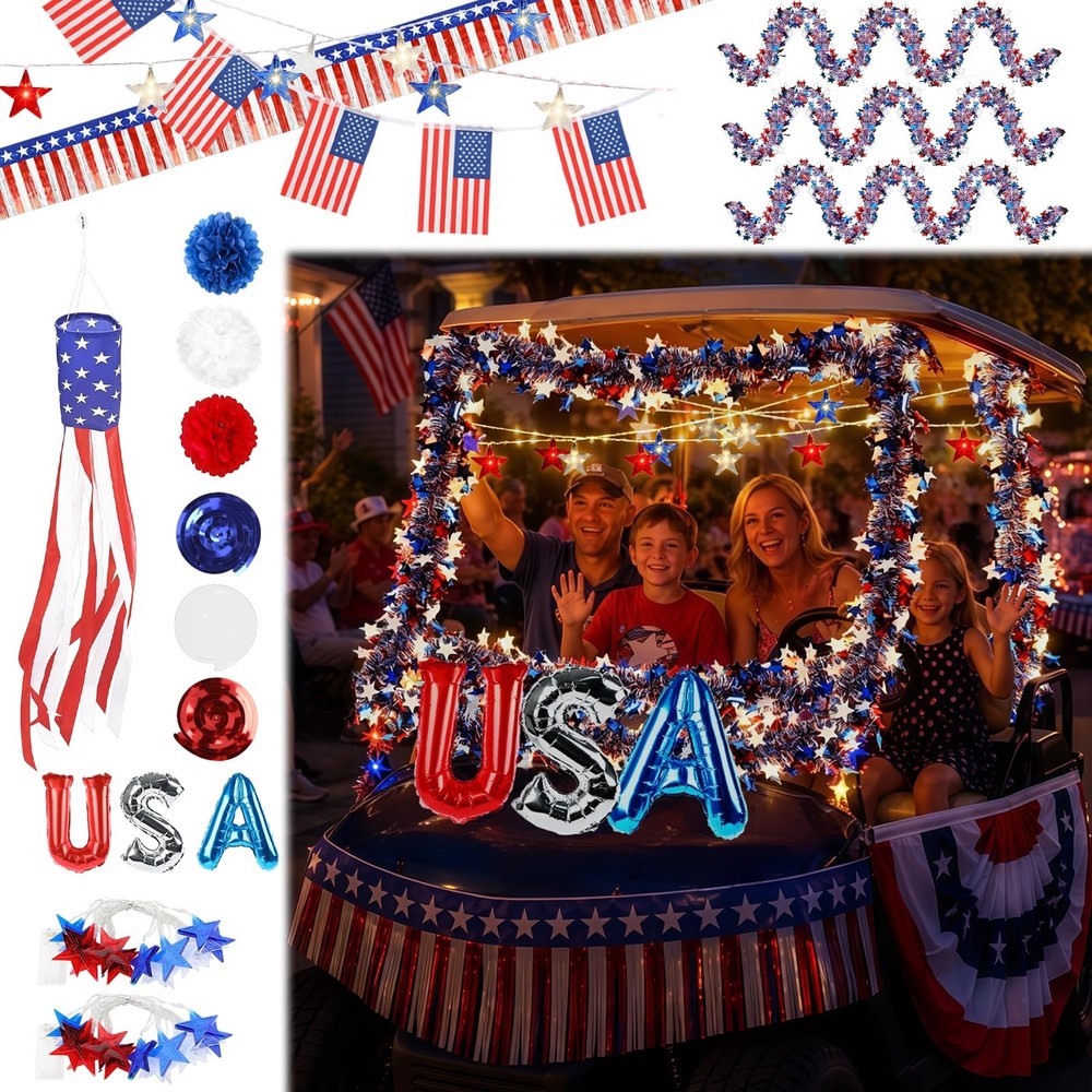74 PCS 4th of July Golf Cart Decorations Kit – LED Lights, Patriotic Tinsel, Fla