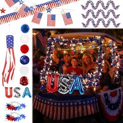 74 PCS 4th of July Golf Cart Decorations Kit – LED Lights, Patriotic Tinsel, Fla
