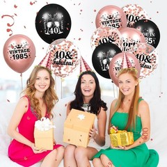 40th Birthday Balloons, Rose Gold & Black 1985 Confetti Latex for Women, 18pcs