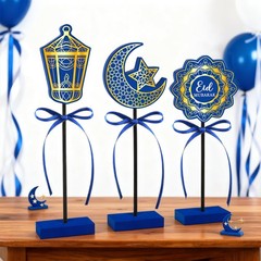 3 PCS Ramadan Table Decorations Wooden Eid Mubarak Signs Rustic Blue.Classic