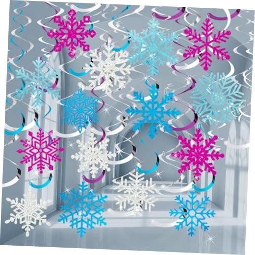 48Pcs Winter Snowflake Hanging Swirl Decorations 48 Piece Blue Purple Silver