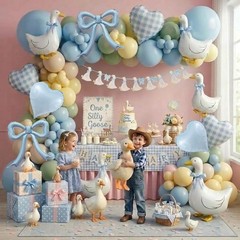 Silly Goose Party Decorations with Goose Banner, Bow & Blue Gingham Balloons,…