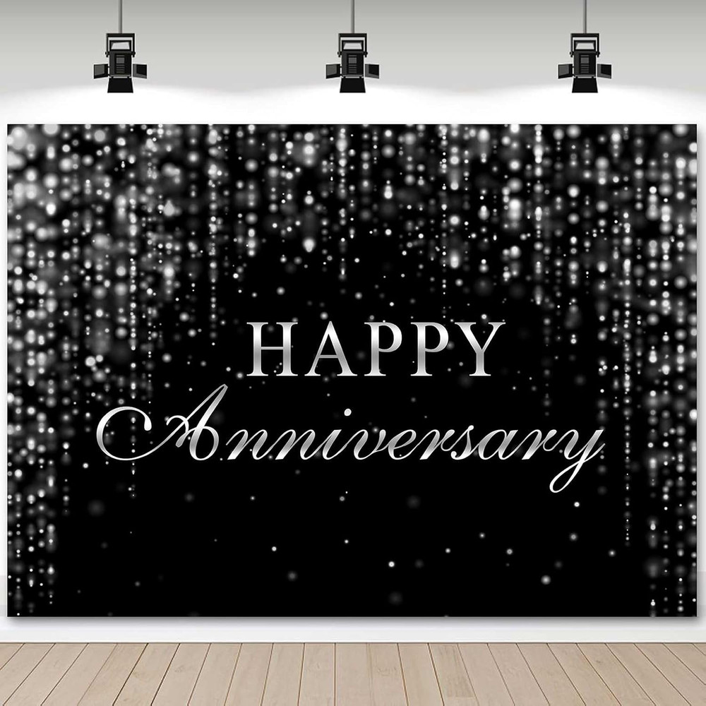 Happy Anniversary Backdrop Black Silver Glitter Marriage Wedding Party