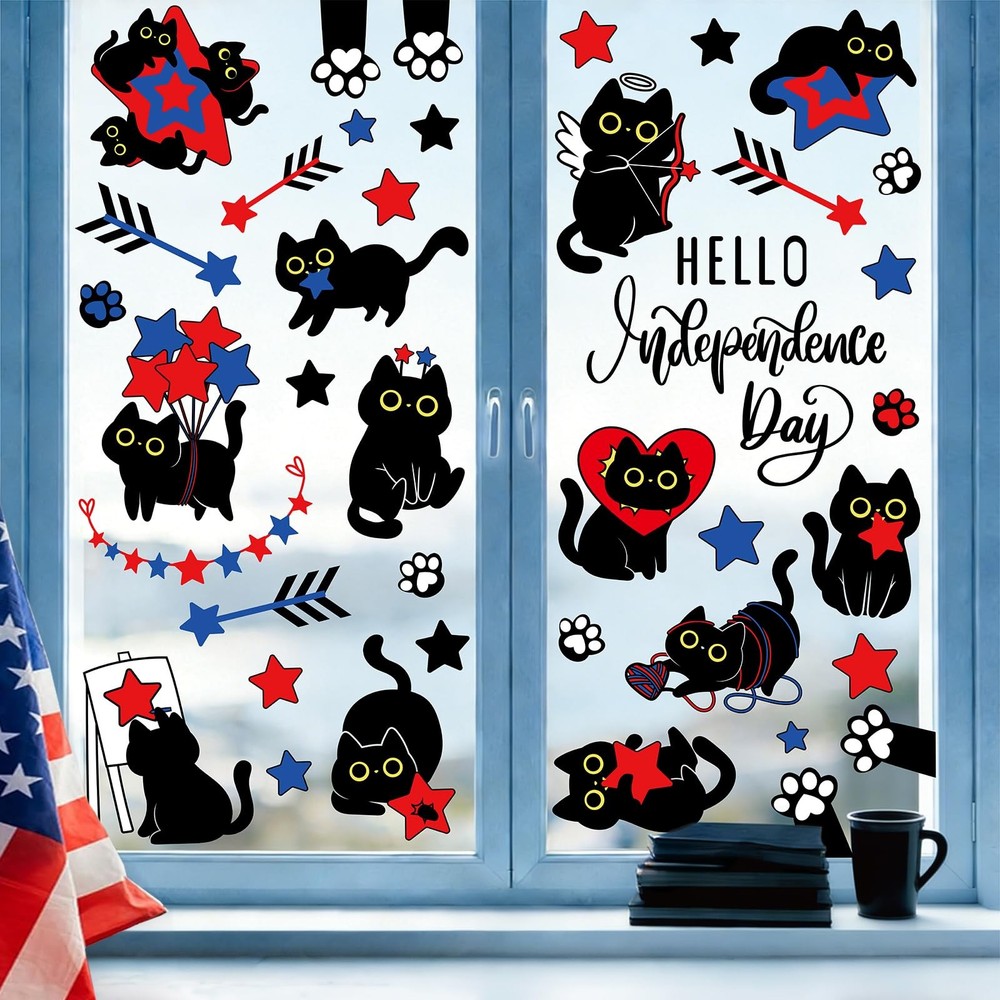 Patriotic Window Clings Double Sided Red Blue Star Black Cat Glass Decal Sticker