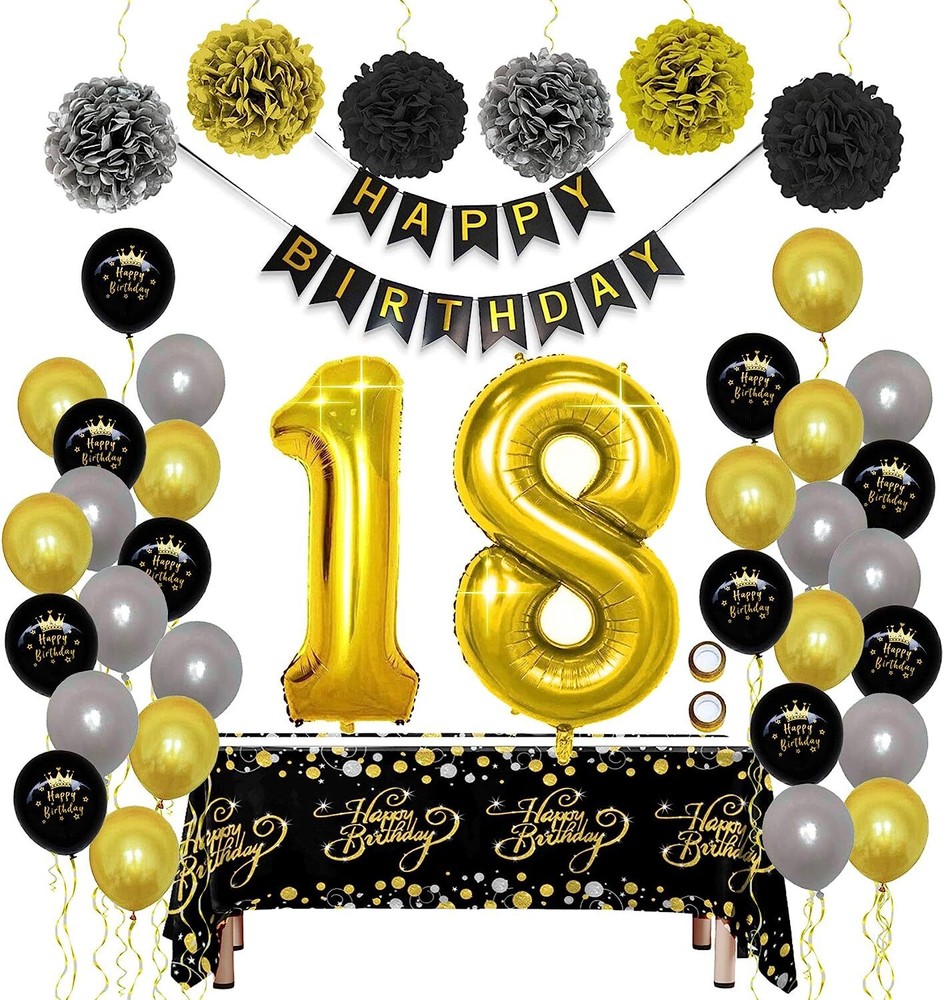 18, 40, 50, 60 Birthday Decorations Black Gold/ Pink Party Pack Balloons Banners