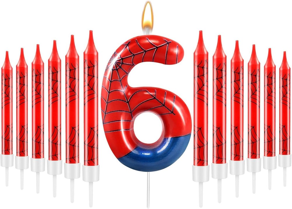 13 Pcs Spider Themed Birthday Candle Set Red Theme Number 6, Red+Blue