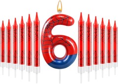 13 Pcs Spider Themed Birthday Candle Set Red Theme Number 6, Red+Blue