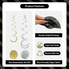 48-Piece Swirl Party Decorations for Ceiling, Black Gold Silver Satin-Look Si…