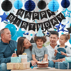Birthday Decorations, Happy Birthday Banner with Honeycomb Balls, Stars Hanging