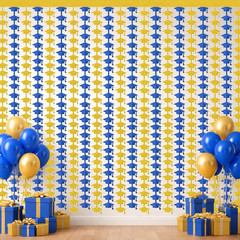 Graduation Decoration 2026 – Blue Gold Graduation Cap Tinsel Streamers Backdrop