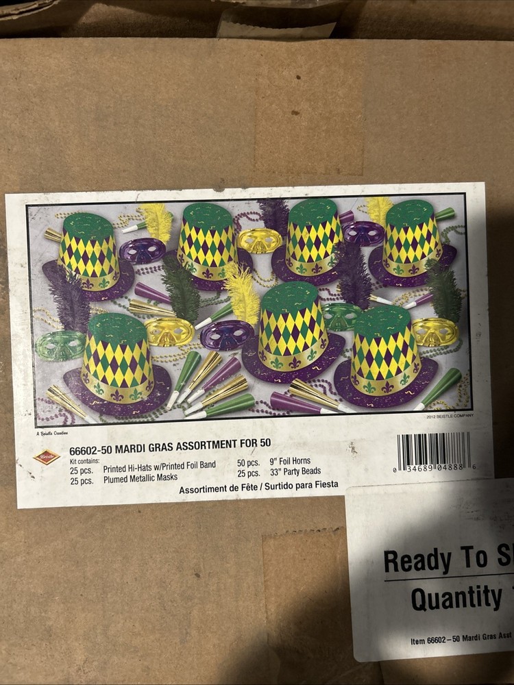 Beistle Mardi Gras Assortment 25 Hats 25 Masks 50 Horns 25 33” Party Beads