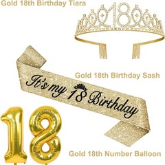 18th Birthday Decorations for Girls Gold with 18th Birthday Tiara and Sash, C…