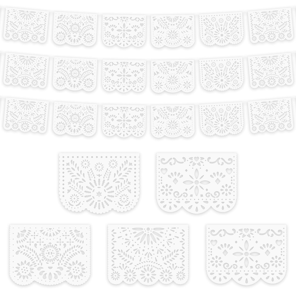 White Papel Picado Banner, 20 Ft Cinco De Mayo Decoration Plastic White Mexic…