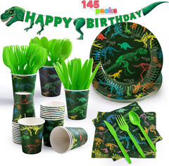 Dino Birthday Party Set 145pc 24 Guests Cups Napkins T-Rex Banner Plates Cutlery