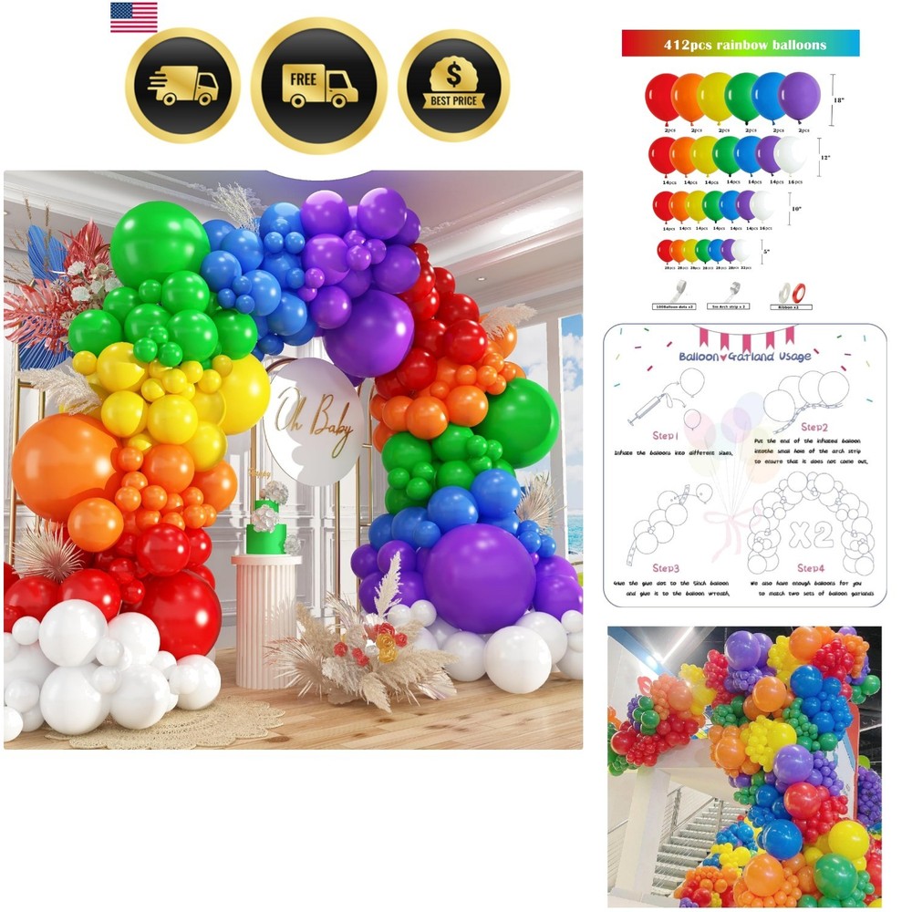 412pcs Rainbow Balloon Arch Kit Assorted Colors 18 12 10 5 Inch, Different Si…