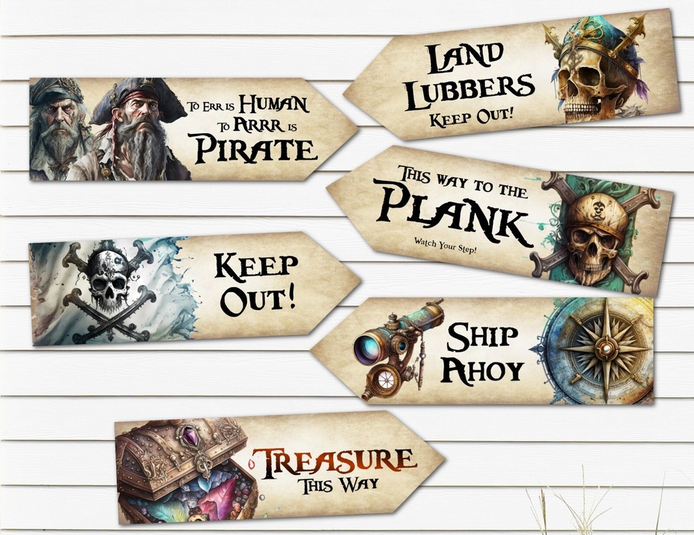 6 Pirate Skull & Crossbones Party Decoration Arrows Signs
