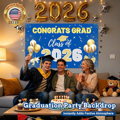 2026 Graduation Backdrop – 70.8″X43.3″ Blue Gold Congrats Grad Banner Class of 2