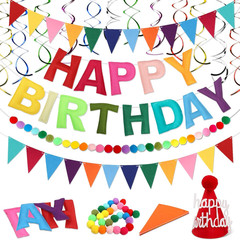 Pre Strung Happy Birthday Banner Set – Felt Ball Garland, Felt Birthday Hat and