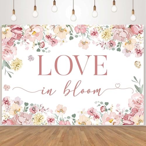 Love in Bloom Bridal Shower Decorations Backdrop, Pink Floral Wedding 7x5ft
