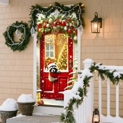 Christmas Door Cover Banners for Front Door Decorations Festive Raccoon Winte…