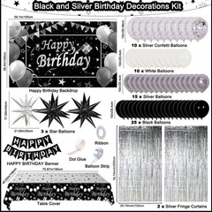 Black and Silver Birthday Decorations for Men Women Boys Girls, 85PCS White B…