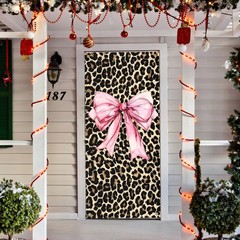 Coquette Pink Bow Leopard Print Door Cover, Trendy Cheetah Print Decoration D…