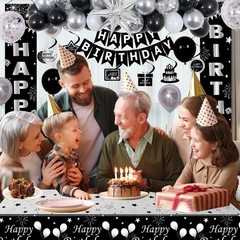Stylish Black & Silver Birthday Decorations Set for Men, Women, Kids – Balloons,