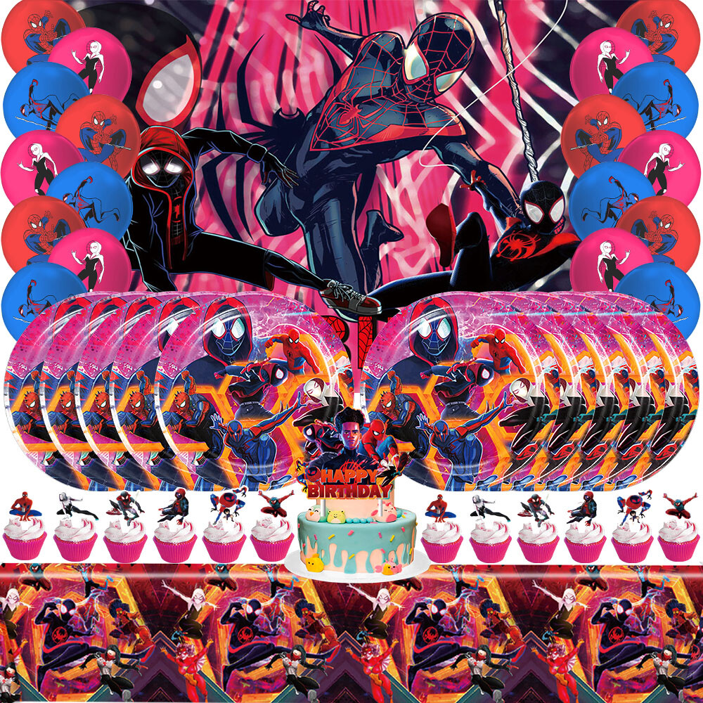 Miles Morales Spider Man Party Supplies Set Plates Balloons Banner Tablecloth