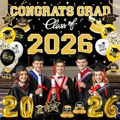 Class of 2026 Graduation Party Decorations Set, Black Gold Congrats Grad Banner