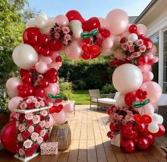Red Pink Balloon Arch Double Latex Pink White Pearl Balloons Red Green Long B…