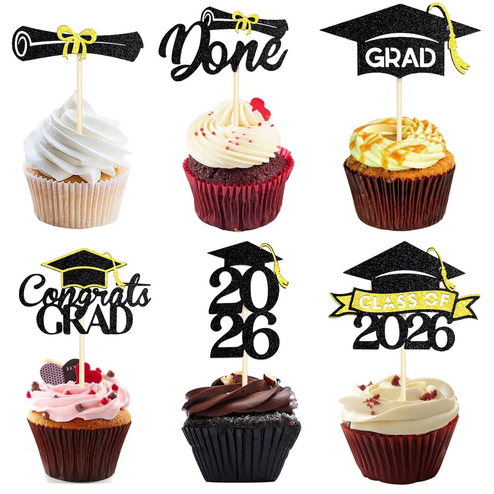 24 Pack 2026 Congrats Grad Cupcake Toppers Set, Pre Assemble Graduation Cupca…