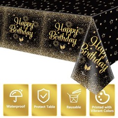Pack Black Gold Happy Birthday Tablecloths, 51×87» Plastic Disposable 2