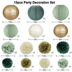 Sage Green Party Decorations, Lanterns and Pom Poms Flowers for Party Baby Sh…