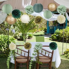 Sage Green Party Decorations, Lanterns and Pom Poms Flowers for Party Baby Sh…
