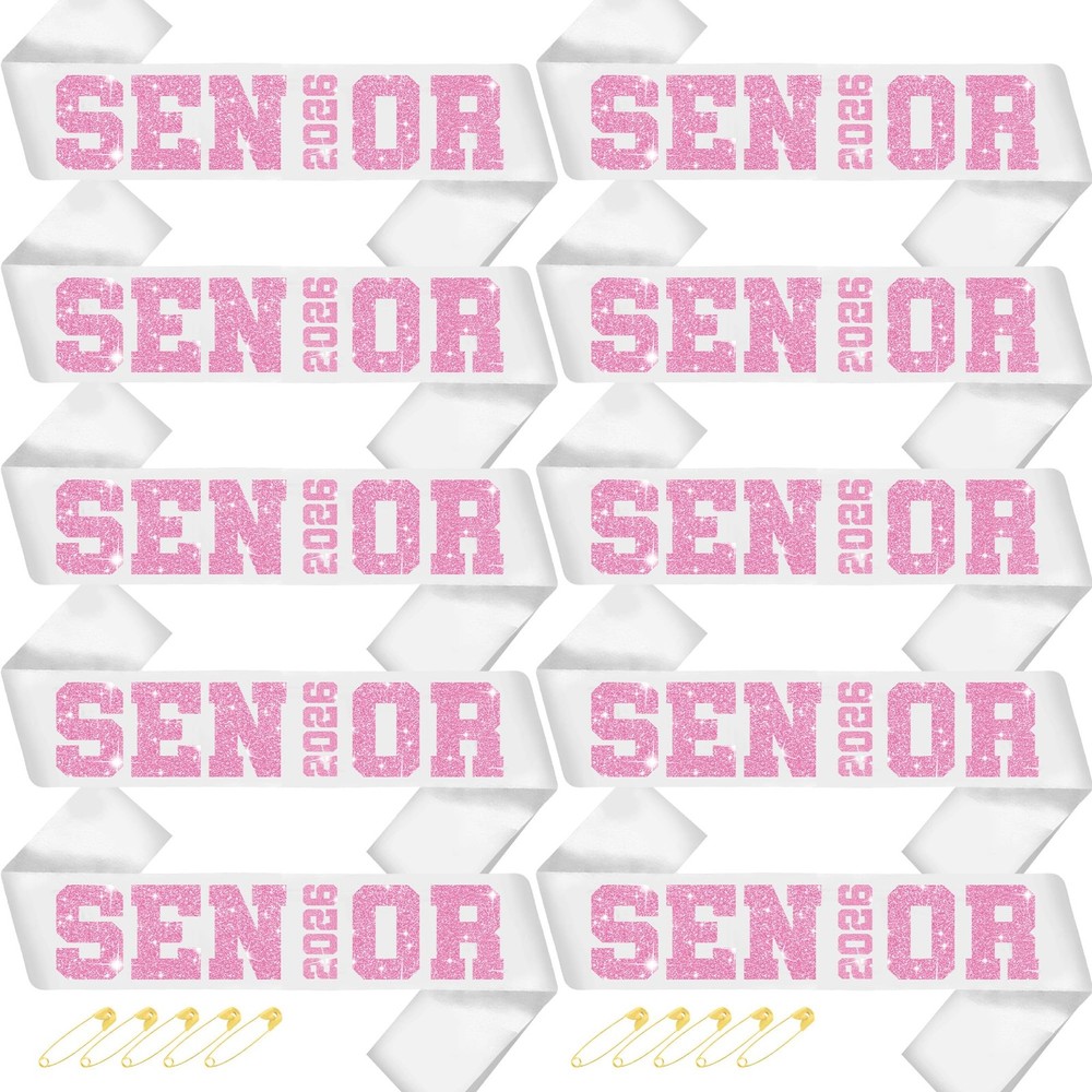 10 PCS Senior 2026 Graduation Sashes White Class Sash Pink Glitter Print Props