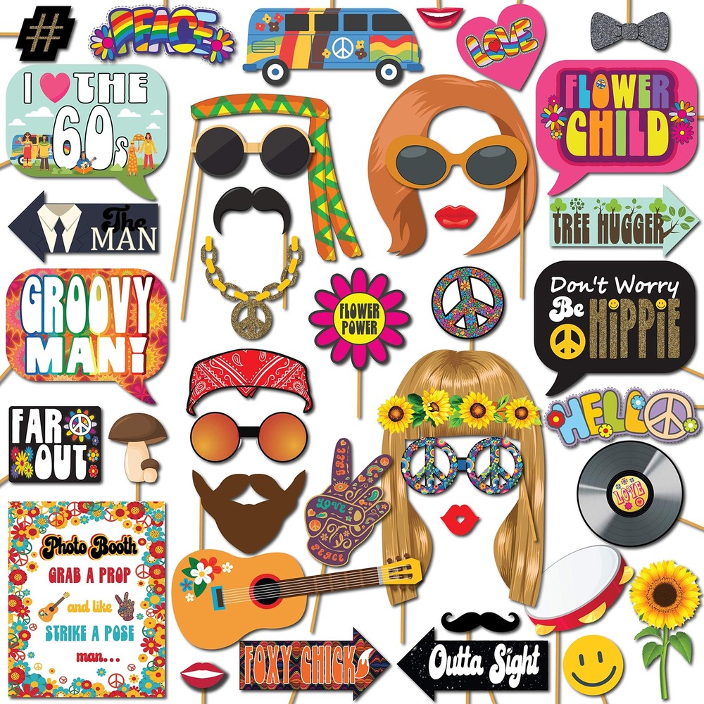 60s Photo Booth Props – 41-pc Photo Booth Kit with 8 x 10-Inch Sign, 60 Adhes…