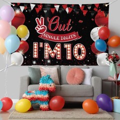JOYKY Out Single Digits I’m 10 Banner, Red Black Happy 10th Birthday 10