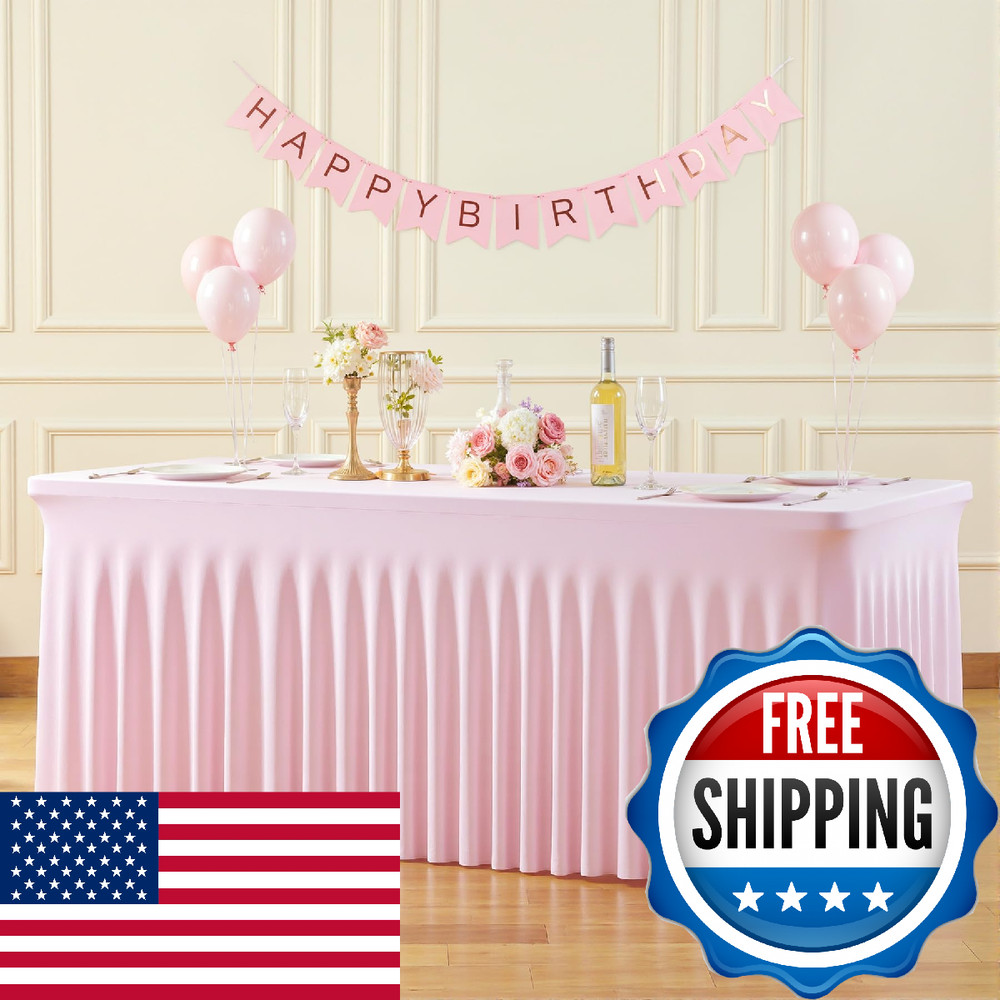 Suppromo 8ft Pink Spandex Table Cloths for Rectangle Tables Wrinkle Free Pink Re