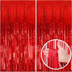 2 Pack Red Streamer Backdrop Curtains for Christmas, Birthday, Party Decor
