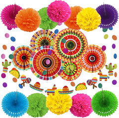 Mexican Party Decorations, 21 Pcs Multi-Color Paper Fans, Pom Poms Flowers for M