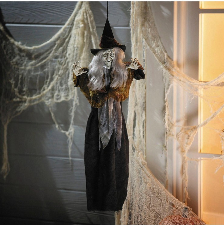 27 » Hanging Smiling Witch with Gray Hair Halloween Decoration