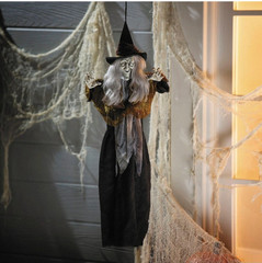 27 » Hanging Smiling Witch with Gray Hair Halloween Decoration