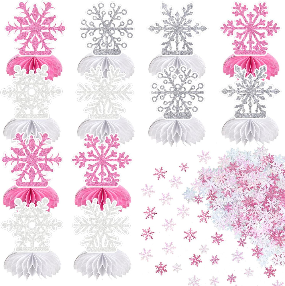 Frozen Winter Wonderland Party Decorations – 12Pcs Pink White Silver Snowflake H