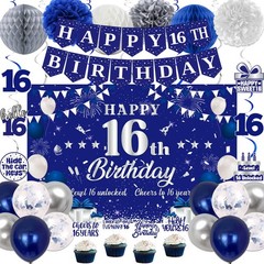 16th Birthday Decorations for Boys Girls, Blue Silver Sweet 16th Birthday Par